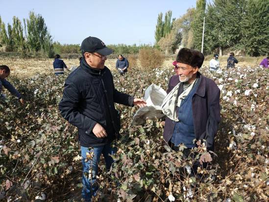 20171023，冯东河书记带领畜科院下沉干部一起到田间地头走访，了解群众困难，帮助拾棉花。热合曼·牙生老人流下激动的眼泪